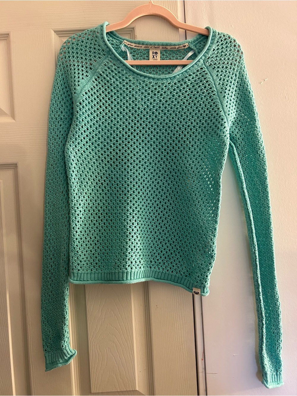 Roxy Women's Mint Green Open-Knit Scoop Neck Sweater